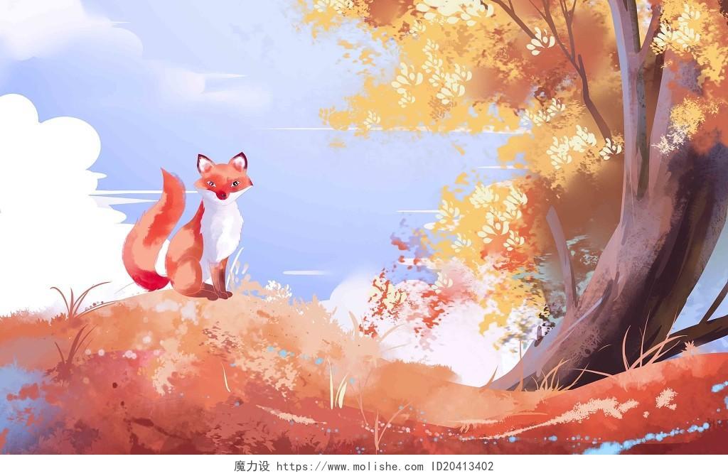 世界动物日秋天插画唯美橙色秋天动物狐狸原创插画海报素材